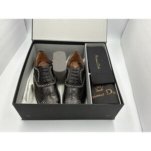 Massimo Dutti Womens 7.5 Black Studded Leather Wingtip Brogue Oxford Shoes EU 38